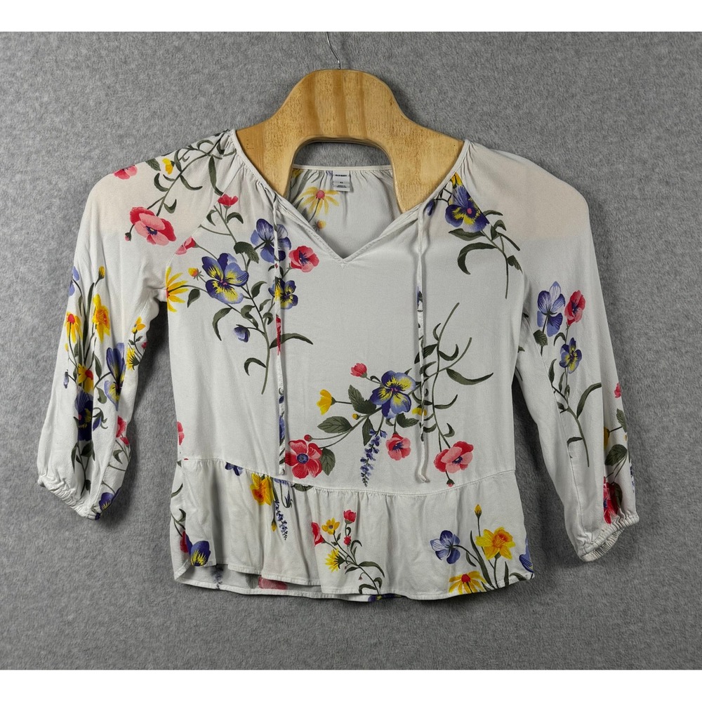 Old Navy Floral Peplum Blouse Womens XS White Long Sleeve Tie Neck Top